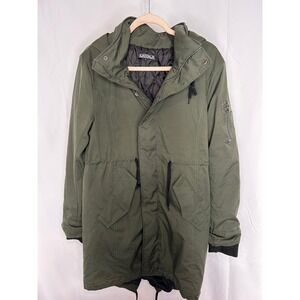 Paper Bag Green Hooded Parka Quilted Lined Jacket Double Zipper Pockets Large